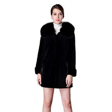 Load image into Gallery viewer, fur story Women&#39;s Long Real Lamb Fur Coat with Fox Fur Collar and Mink Fur Cuff Full Sleeve