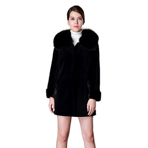 fur story Women's Long Real Lamb Fur Coat with Fox Fur Collar and Mink Fur Cuff Full Sleeve