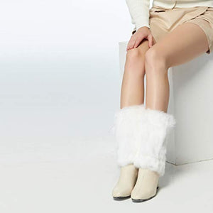 Fur Story Fur Leg Warmers Real Fur Rabbit Winter Leggings Boot Toppers For Women(23CM Length,White)