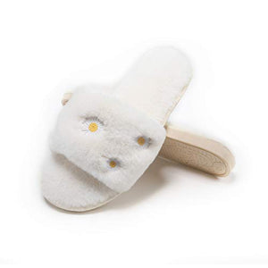 Fur Story FS20S08 Women's Furry Slippers Memory Foam Fur Slippers Daisy Open Toe House Slippers