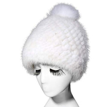Load image into Gallery viewer, Fur Story Women&#39;s Knitted Real Mink Fur Beanie Hat with Fox Fur Pom Pom Skullies Hat