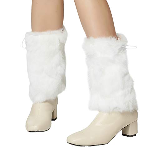 Fur Story Fur Leg Warmers Real Fur Rabbit Winter Leggings Boot Toppers For Women(23CM Length,White)