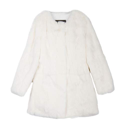 Fur Story Women's Long Fur Coat with Real Rabbit Fur Thick Warm Nine Points Sleeve O Neck US 6 (White)