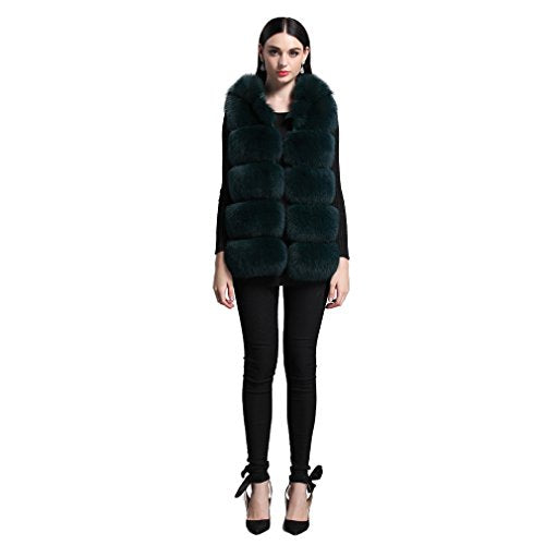 fur story Women's Fur Vest Hoodie with Real Fox Fur Thick Warm Vest with Hood Sleeveless