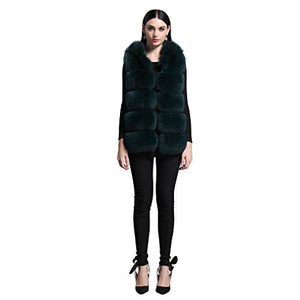 fur story Women's Fur Vest Hoodie with Real Fox Fur Thick Warm Vest with Hood Sleeveless