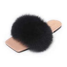 Load image into Gallery viewer, Womens Flat Furry Slides Toe Square Fox Fur Fuzzy Sandals Fashion Dressy Shoes for Ladies Black Sexy Slippers with Open Toe