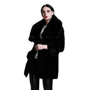 fur story Women's Long Real Lamb Fur Coat with Fox Fur Collar Thick Warm Coat Full Sleeve