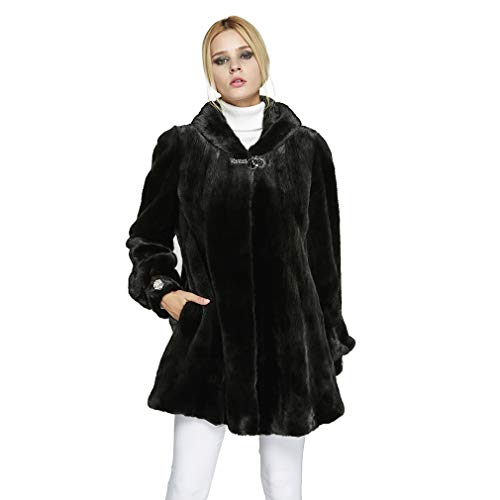 Fur Story Women's Mink Fur Coat with Hood Black Winter Fur Jacket with Lantern Full Sleeve Black 18121