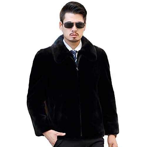 Fur Story Men's Faux Fur Coat Winter Warm Black Jacket Thick Furry Parker Windproof Overcoat Outwear