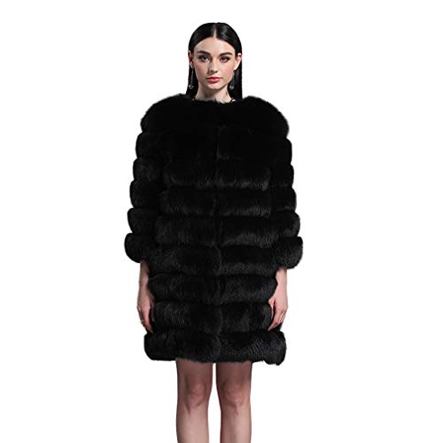 fur story Women's Long Fur Coat with Real Fox Fur Thick Warm Coat Nine Points Sleeve O Neck