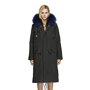 Fur Story Women's Real Fur Parka Jacket with Raccoon Fur Thick Hooded Long Fur Coat for Winter Blue US10 18104