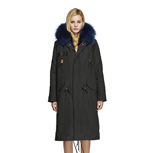 Fur Story Women's Real Fur Parka Jacket with Raccon Fur Thick Hooded Long Fur Coat for Winter Blue US4 18104