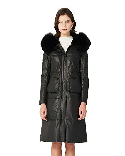 Women's Leather Quilted Jackets Long Hooded Winter Coats Puffer Jackets Packable With Fox Fur Trim Hood（Black-12）