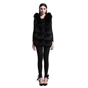 fur story Women's Fur Vest Hoodie with Real Fox Fur Thick Warm Vest with Hood Sleeveless