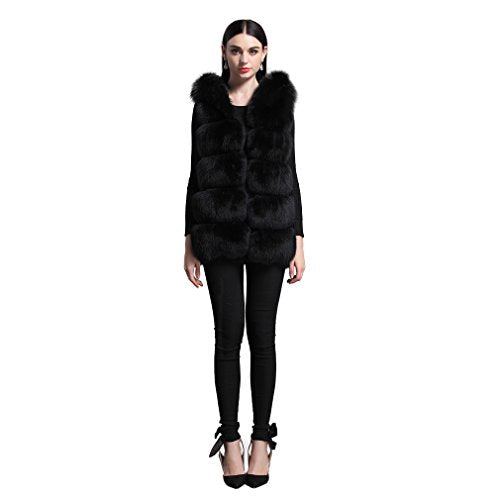 fur story Women's Fur Vest Hoodie with Real Fox Fur Thick Warm Vest with Hood Sleeveless