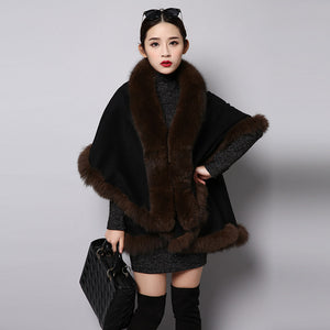 UE FS15726 Double face wool Cashmere Shawl Poncho for Women Fox fur Collar and Trim