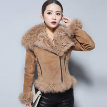 Load image into Gallery viewer, Real leather suede jacket for women lamb fur collar and sleeve cuff 14161