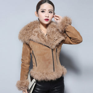 Real leather suede jacket for women lamb fur collar and sleeve cuff 14161