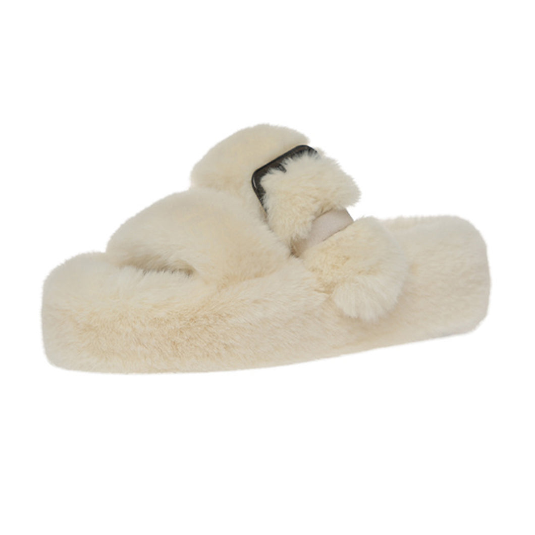 Womens Open Toe Slipper with Cozy Lining， Faux Rabbit Fur Sandals 22S04