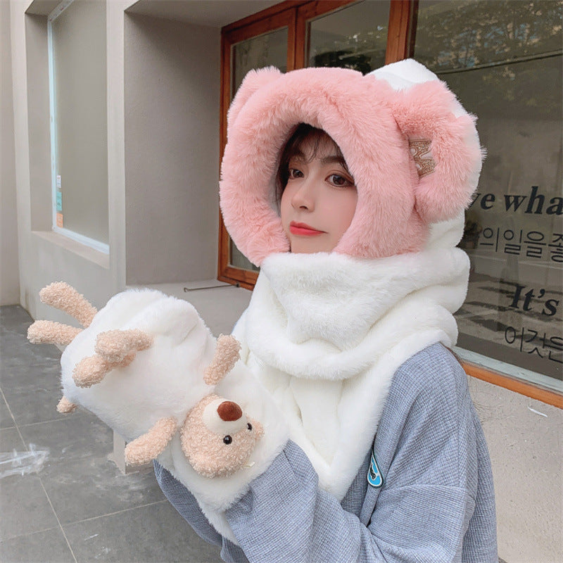 Winter Warm Women Hoodie Hat Scarf Gloves Set Soft Plush Thick Warm Hat 22630
