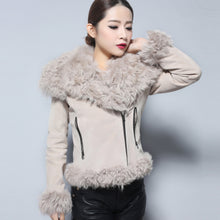 Load image into Gallery viewer, Real leather suede jacket for women lamb fur collar and sleeve cuff 14161