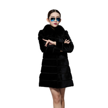 Load image into Gallery viewer, Women&#39;s Natural Rabbit Fur Overcoat with Real Fur Collar Classical Cross Stripe Plus Size Coat