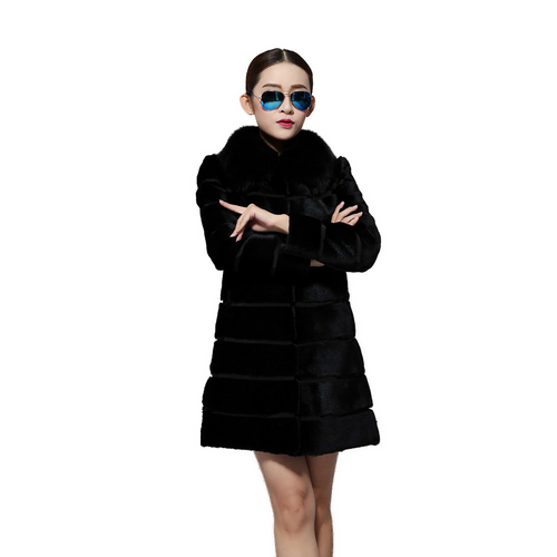 Women's Natural Rabbit Fur Overcoat with Real Fur Collar Classical Cross Stripe Plus Size Coat