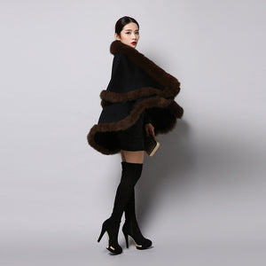 UE FS15726 Double face wool Cashmere Shawl Poncho for Women Fox fur Collar and Trim