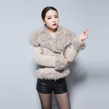 Load image into Gallery viewer, Real leather suede jacket for women lamb fur collar and sleeve cuff 14161