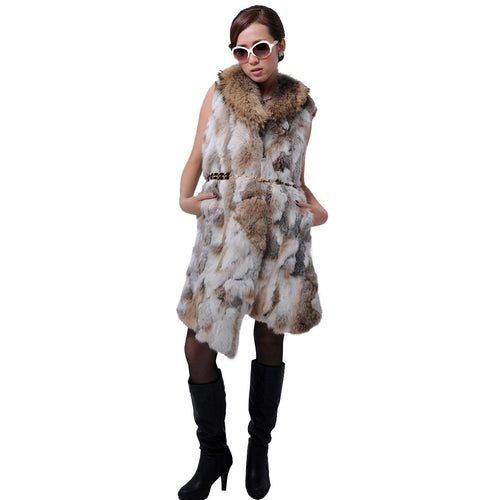 Real Rabbit Fur Vest Raccoon Fur Collar Waistcoat Coat Jacket