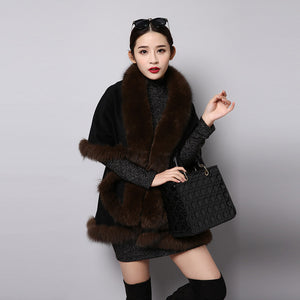 UE FS15726 Double face wool Cashmere Shawl Poncho for Women Fox fur Collar and Trim