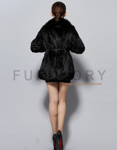 Natural Rabbit Fur Coat Fox Fur Collar Super Slim Waist Women Jacket Winter Overcoat