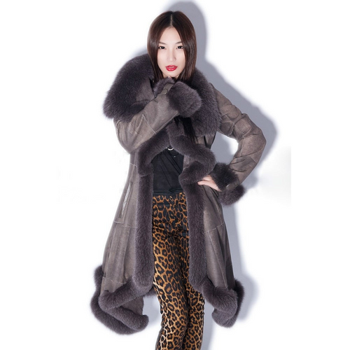 Natural Sheep Fur Coat Double Faced Overcoat Fox Fur Collar Trim Leather