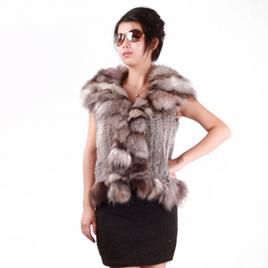 Natural Rabbit Fur Vest Big Fox Fur Collar Jacket Coat