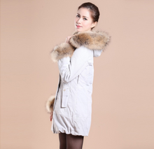 Load image into Gallery viewer, Winter Pig Leather Suede Windbreak with Natural Raccoon Fur Hood Slim Waist Women&#39;s Coats