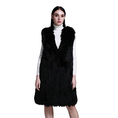 Fur Story Women's Long Fur Vest with Fox Fur Thick Warm Vest Sleeveless V Neck