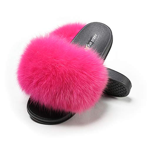 The story of fur women's fluffy fox fur sandals open-toed leather slippers (Rose, 9.5)