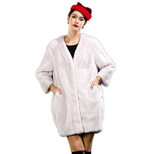 Fur Story Women's Long Fur Coat with Real Mink Fur Thick Warm Coat 3/4 Sleeve V Neck