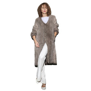 fur story Women's Knitted Long Fur Coat with Real Mink Fur Thick Warm Coat Full Sleeve V Neck