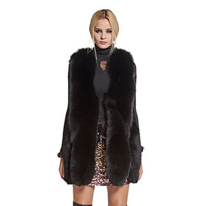 fur story Women's Fur Vest with Real Fox Fur Thick Warm Vest Sleeveless V Neck