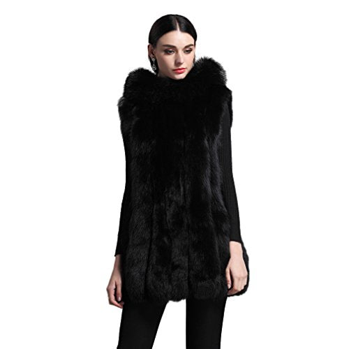 fur story Women's Long Real Fox Fur Vest with Hood Thick Warm Vest Sleeveless O Neck Length 85CM