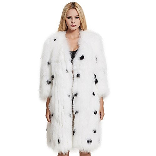 Fur Story Women's Knitted Long Real Fox Fur Coat Thick Warm Coat 3/4 Sleeve V Neck Contrast Color