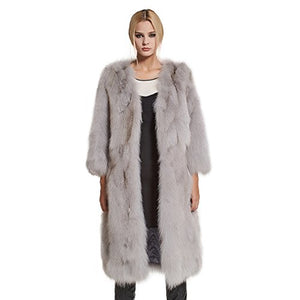 Fur Story Women's Long Genuine Fox Fur Coat Thick Warm Coat Nine Points Sleeve V Neck