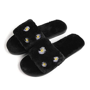 Women's Furry Slippers Fluffy Fur Slippers Daisy Open Toe House Slippers(Black,7.5-8)