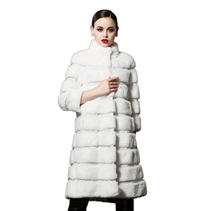 Fur Story Women's Long Fur Coat with Real Rex Rabbit Fur Nine Points Sleeve Mandarin Collar