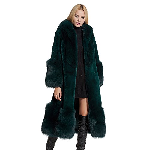 fur story Women's Long Real Rabbit Fur Coat with Fox Fur Hem Cuff Hood Warm Coat Full Sleeve O Neck