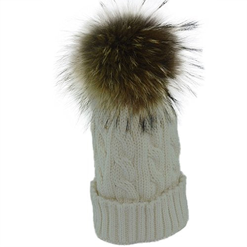Fur Story Unisex Beanie Outdoor Cap Real Raccoon Fur Pom Pom Hats