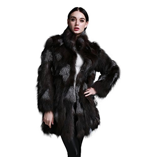 fur story Women's Long Fur Coat with Real Silver Fox Fur Thick Warm Coat Full Sleeve Stand up Collar
