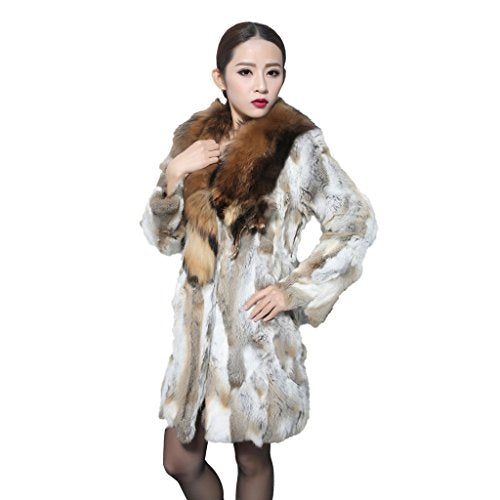 fur story Women's Long Real Rabbit Fur Coat with Raccoon Fur Collar