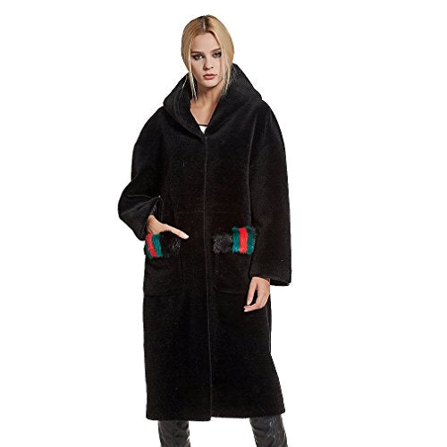 fur story Women's Lamb Shearing Fur Coat Thick Warm Long Winter Coat with Hood